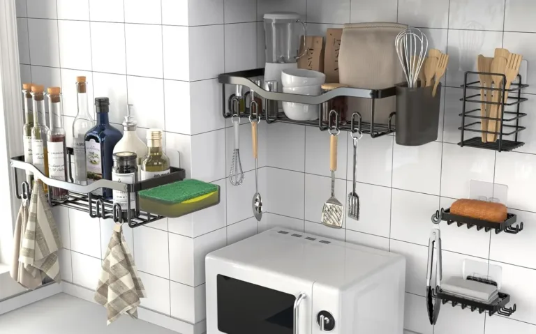 Organized kitchen shelves with utensils and microwave.