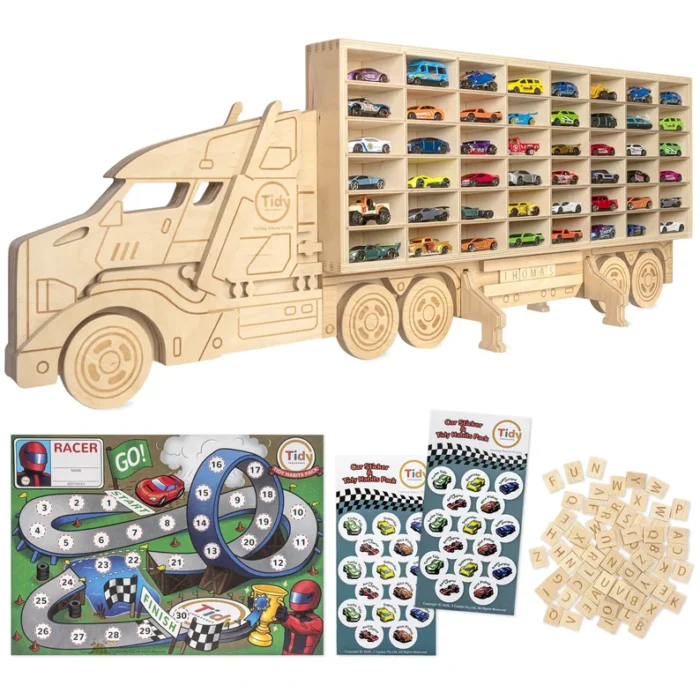 wood toy car storage organizer holds 48 diecast cars freestanding or wall display case shelf matchbox &hot wheels car compatible