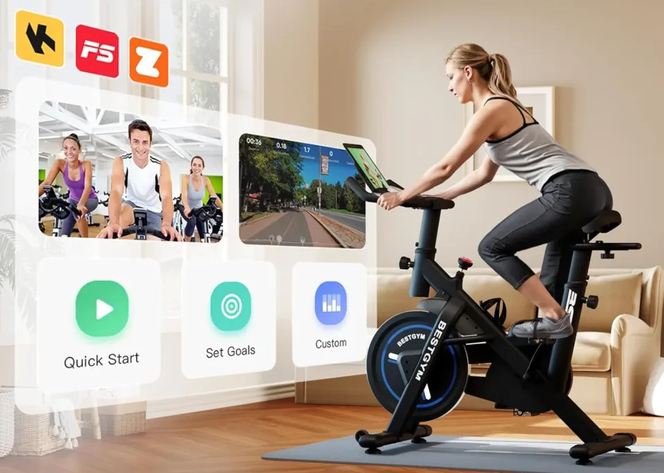 Woman on exercise bike with interactive app display.