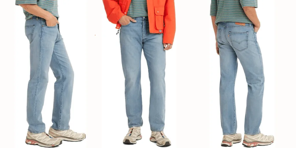 Model wearing light blue jeans, three angles shown.