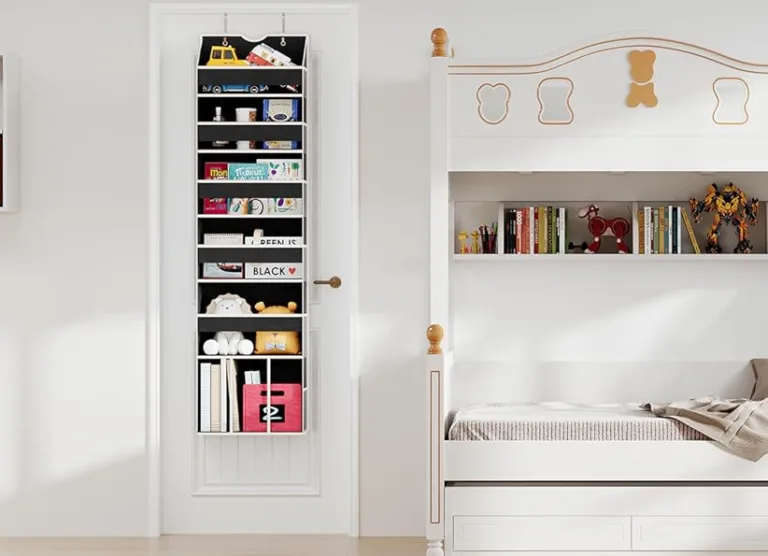 Children's room with bunk bed and door organizer.