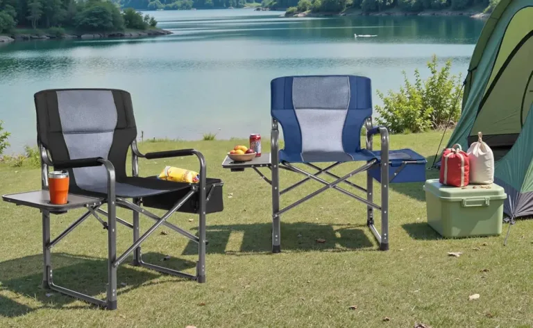 Camping chairs by a lake with mountains view