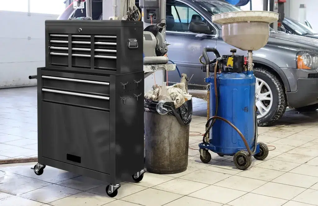 Garage with tool chest and oil drain equipment