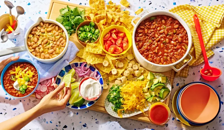 Chili with toppings and sides on table.