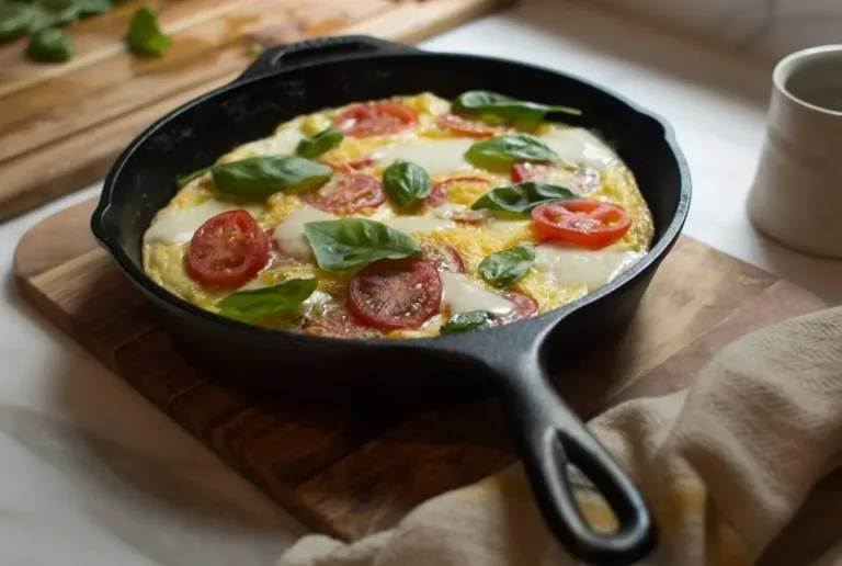 Caprese omelette in a skillet with tomatoes and basil.