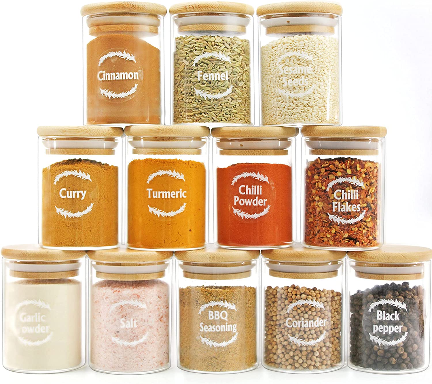 glass jars with bamboo lids spice set