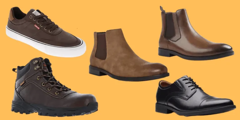 Various styles of men's shoes on orange background.