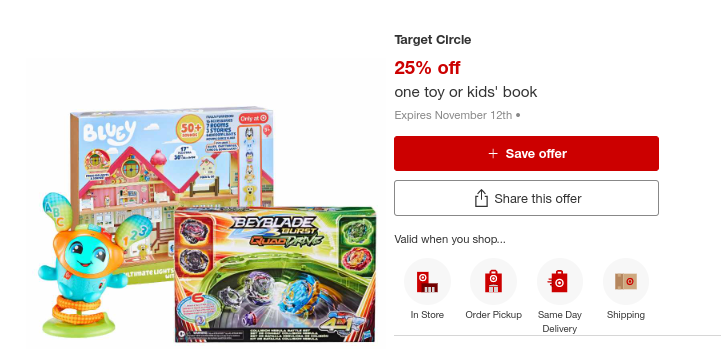 25% off one toy or book circle offer