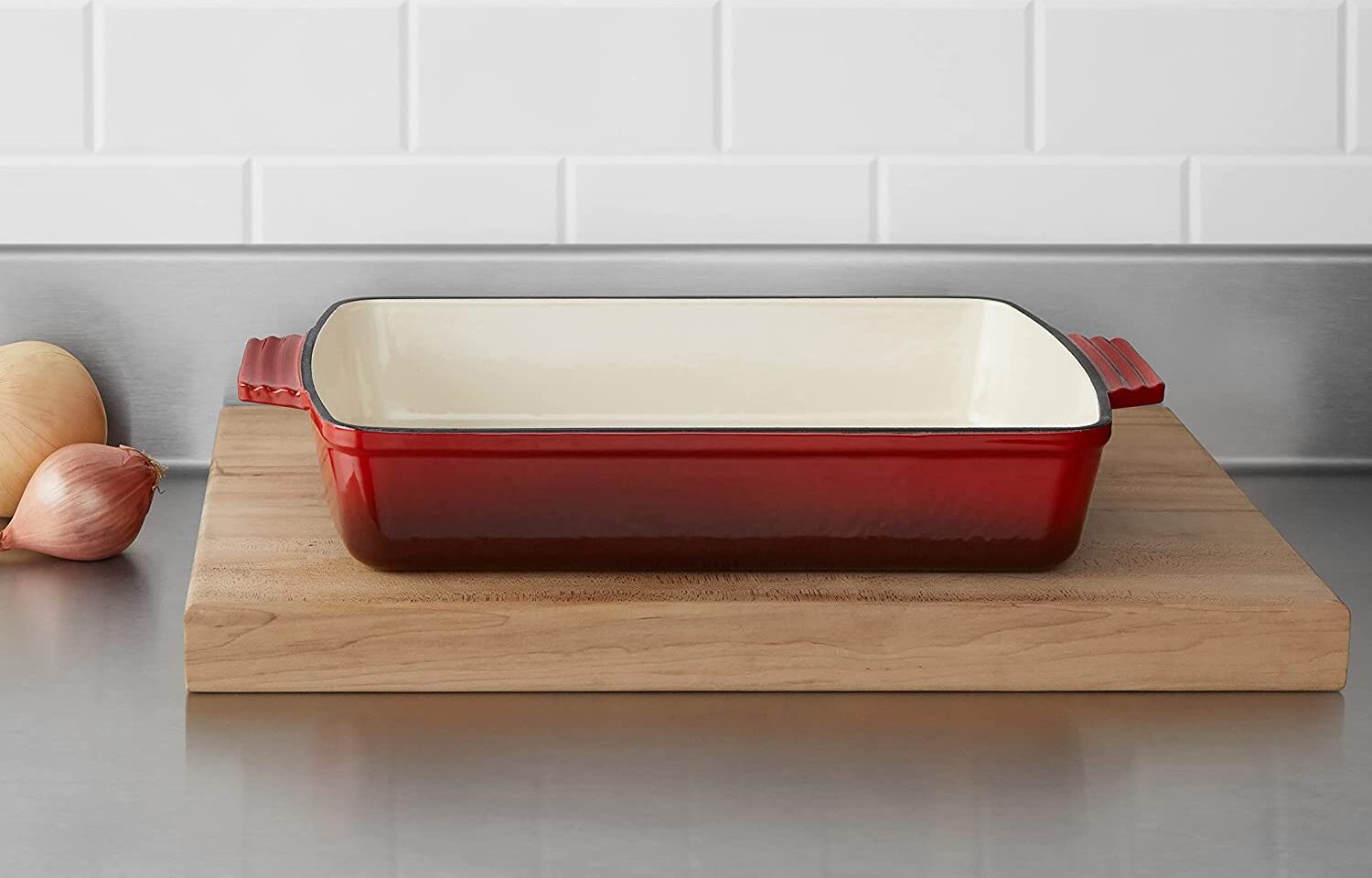 red cast iron lasagna pan