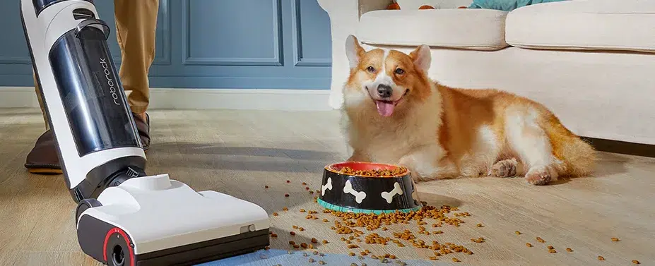 Vacuum cleaner near dog and spilled kibble on floor.