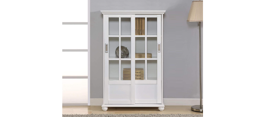 altra aaron lane bookcase with sliding glass doors, white