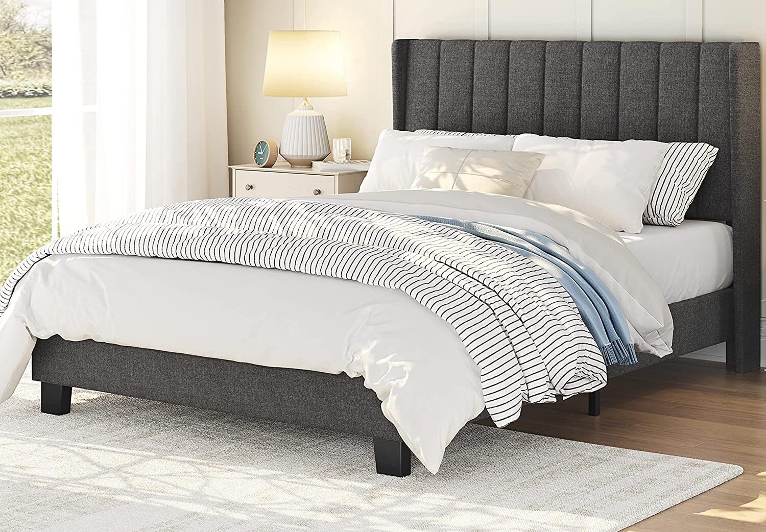 yaheetech upholstered platform bed with mattress foundation