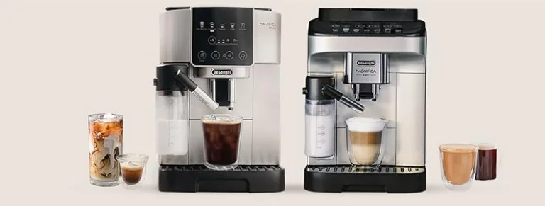 Two coffee machines with a variety of drinks