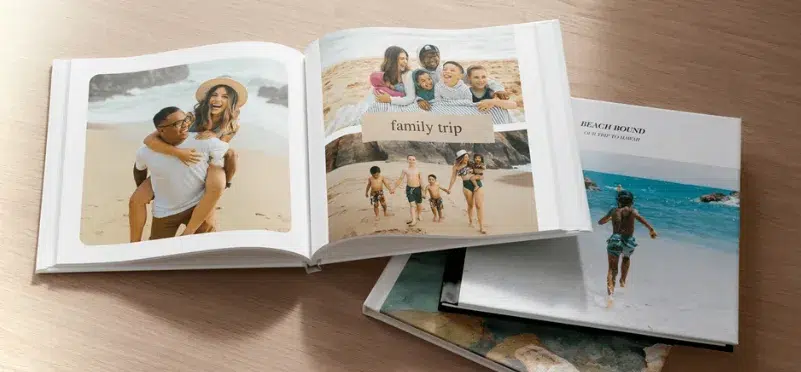 Photobooks with beach and family vacation photos.