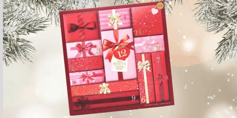 Red and pink beauty advent calendar with numbered boxes.