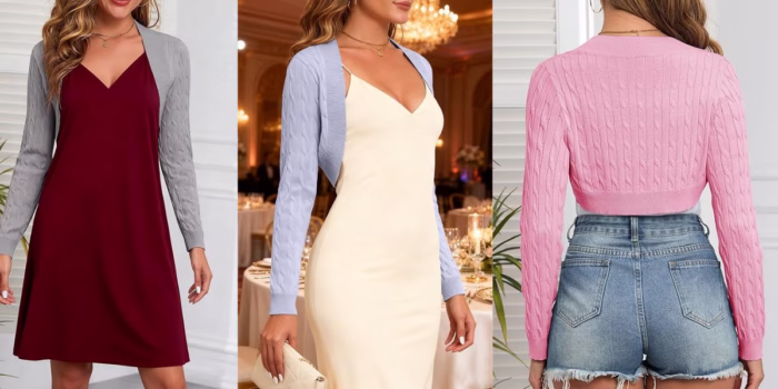 Women modeling dresses with colorful cardigans