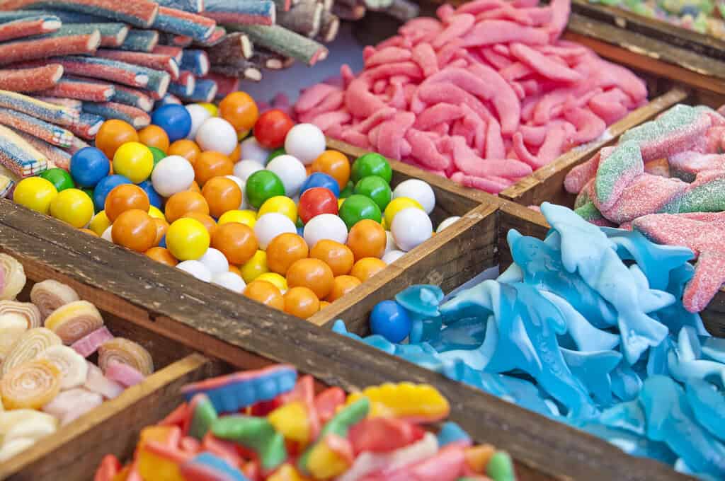 sweets, candied and jellies at street market stall