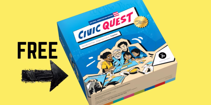 Free Civic Quest board game box on yellow background.