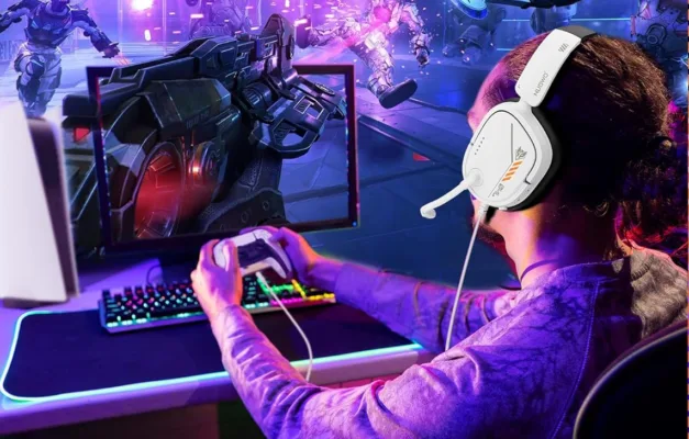 Gamer playing futuristic video game with headset.