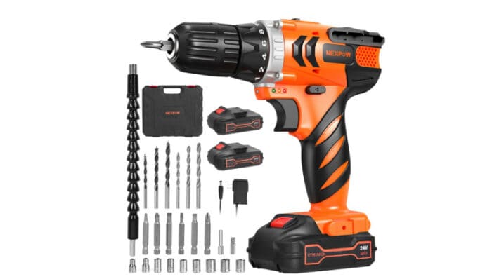 Cordless drill with accessories set and battery pack.