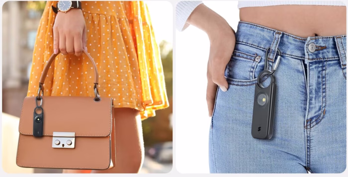 Stylish personal alarm on handbag and jeans.