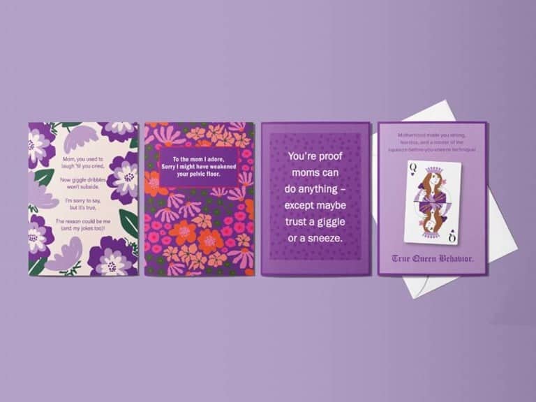 Funny Mother's Day cards with purple floral designs.