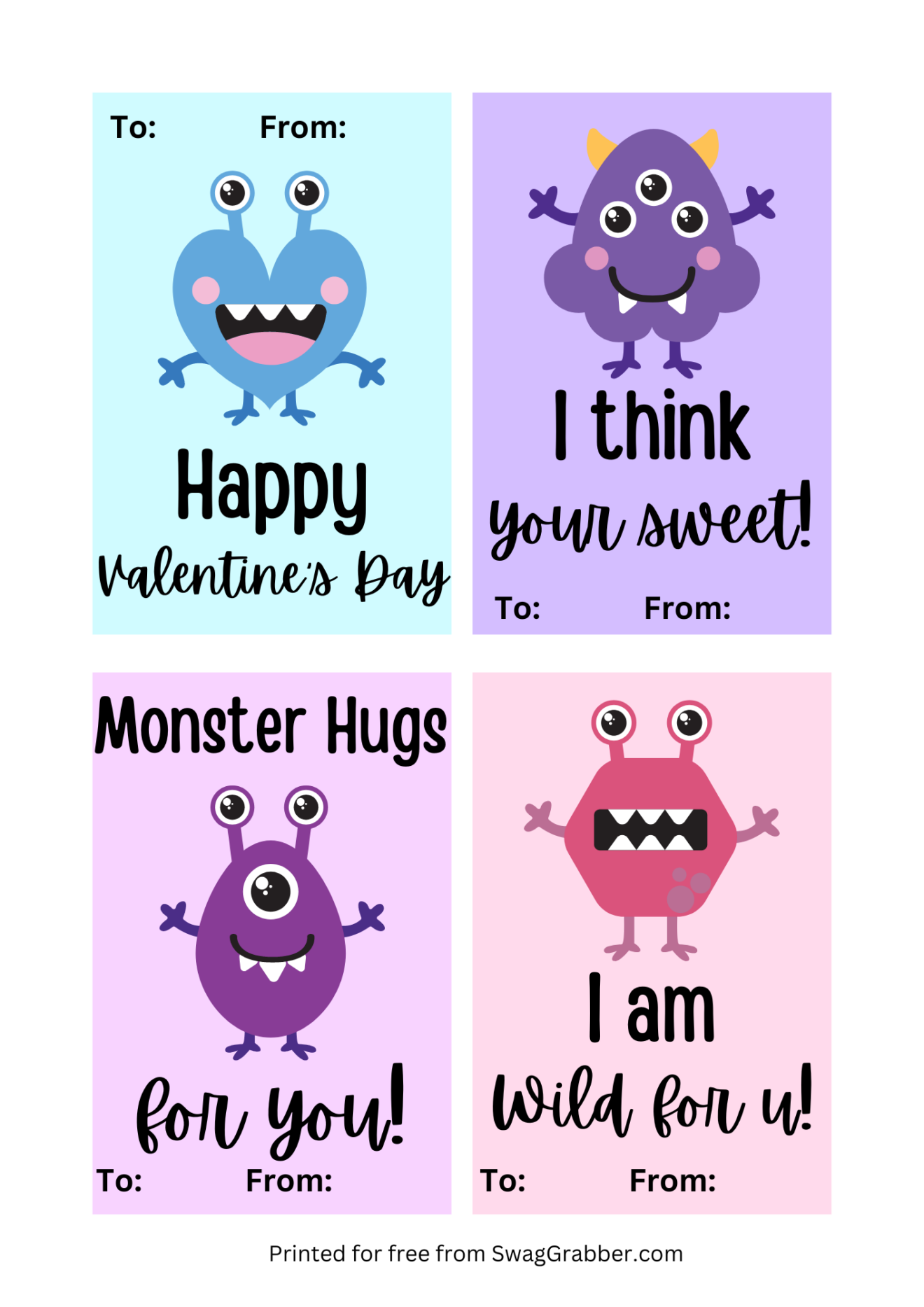 Free Printable Kids Valentine's Day Monster Cards | SwagGrabber