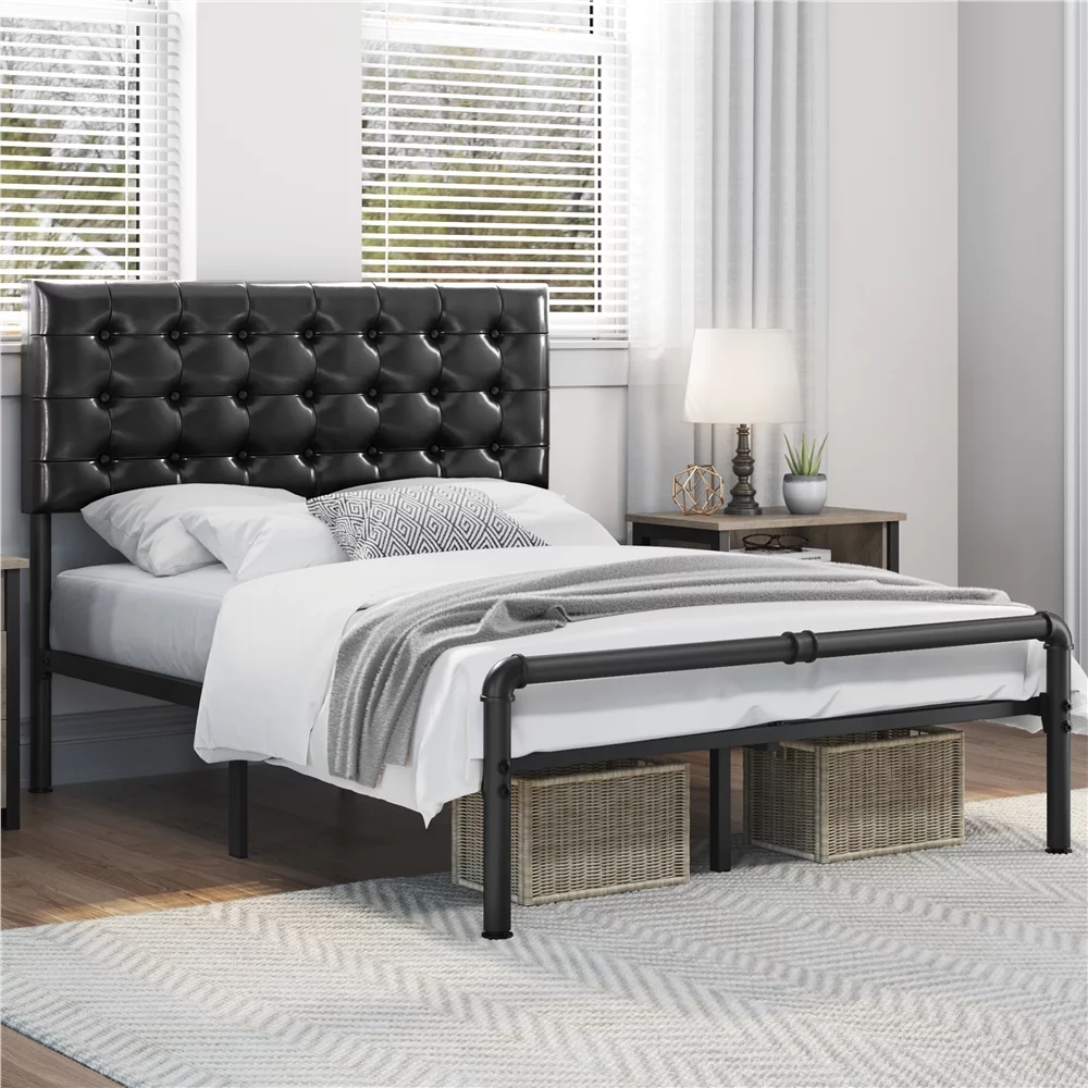 smilemart full size metal platform bed with tufted faux leather upholstered headboard