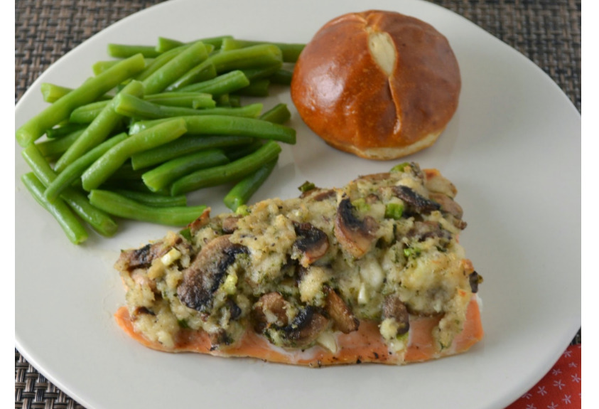 crab and mushroom topped baked salmon