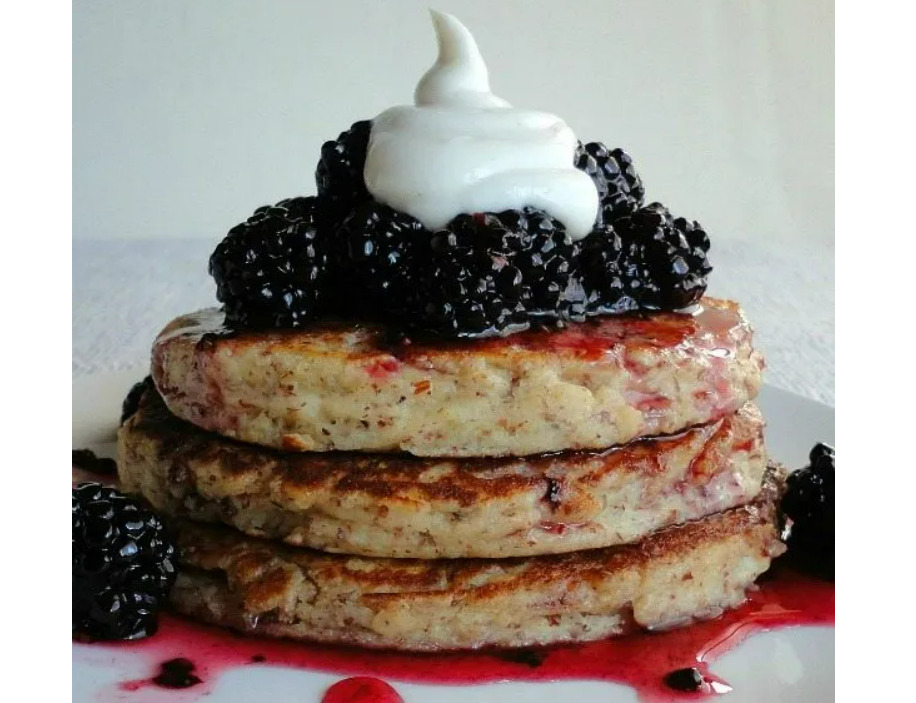healthy pancakes blackberry syrup sweet cream