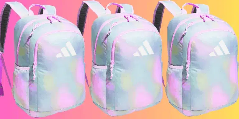 Three pastel backpacks with logo on colorful background.