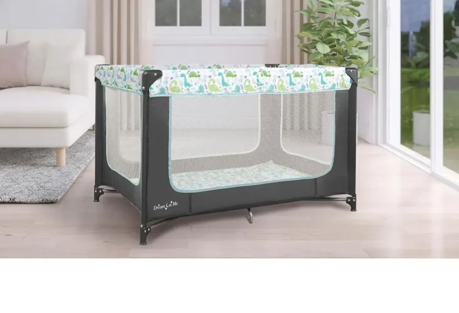 Baby playpen in a living room space.