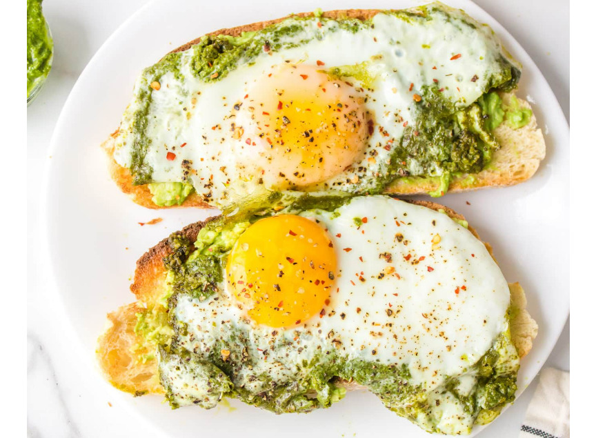 pesto eggs on avocado toast