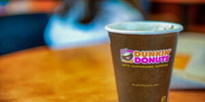 dunkin donuts coffee in a brown up