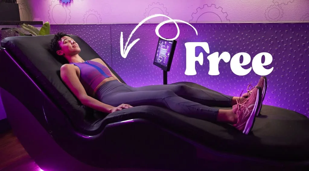 Person relaxing on massage chair, free session offered.