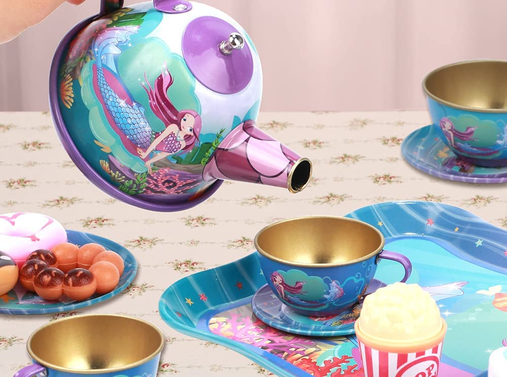 little girls mermaid gift pretend toy tin tea set 