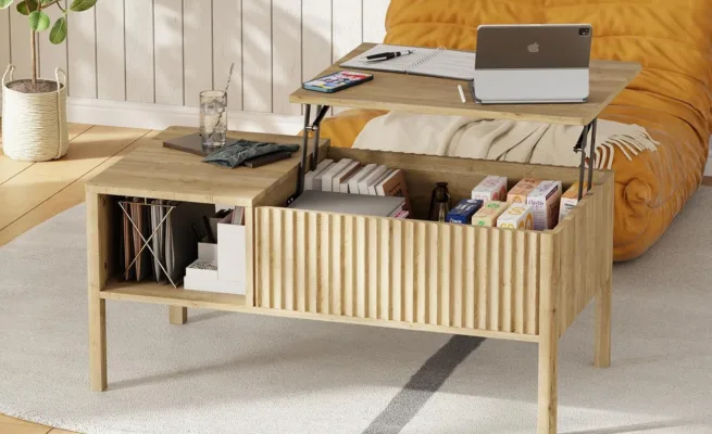Wooden coffee table with storage and lift-top desk