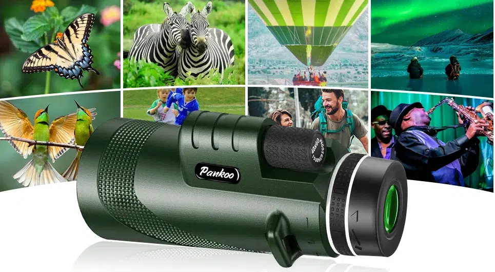 Monocular telescope with nature and activities collage.