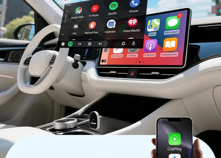 Wireless CarPlay Android Auto device in car interior.