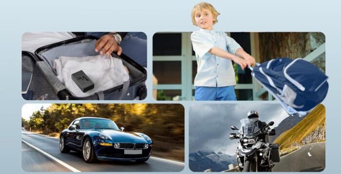 Collage: suitcase, boy, car, and motorcycle riding