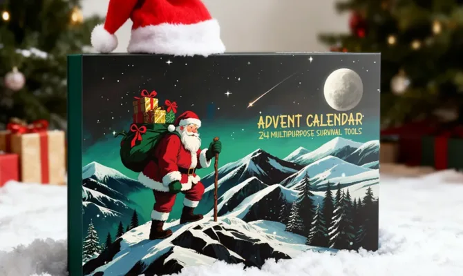 Santa with survival kit advent calendar in snow.