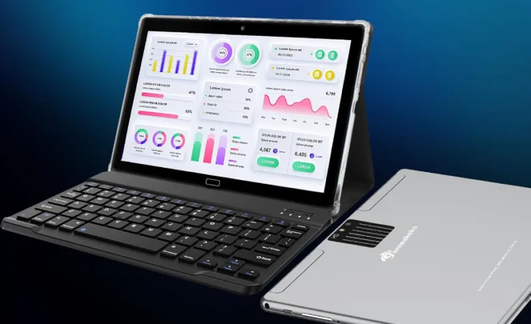 Tablet with keyboard showing data charts screen.