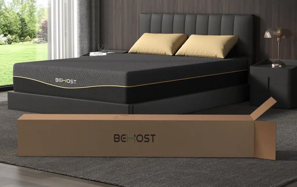 Bed with black mattress and box, modern bedroom design