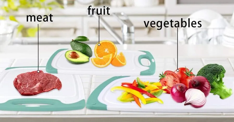 Three cutting boards for meat, fruit, vegetables.