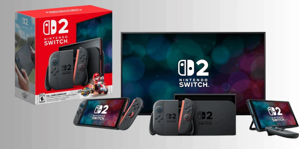 Nintendo Switch OLED Model, console with TV and packaging.