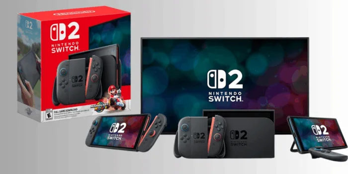 Nintendo Switch OLED Model, console with TV and packaging.