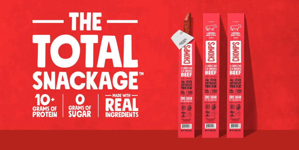 Chomps beef sticks with protein, zero sugar.