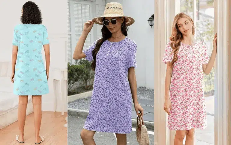 Three women modeling floral print dresses.
