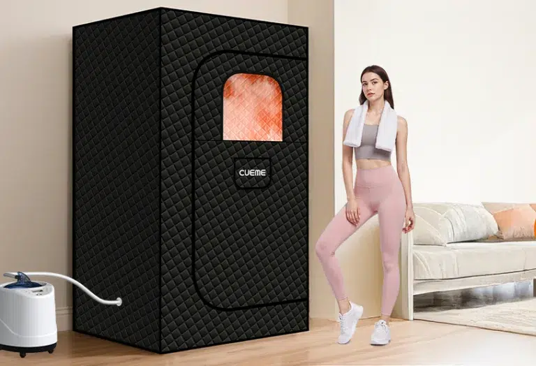 Portable sauna next to woman in workout attire