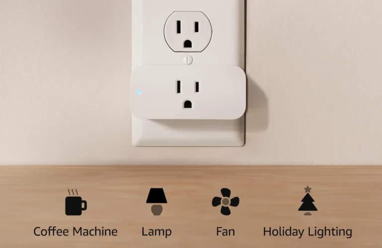 Smart plug in wall outlet, appliances icons below.